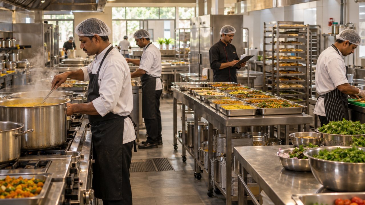 Chefs preparing meals at separate stations in Evening Point's hygiene-audited commercial catering kitchen in Ahmedabad