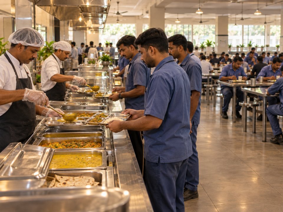 Factory canteen serving line in Ahmedabad, servers ladling hot dal and sabzi onto steel thalis for queuing workers