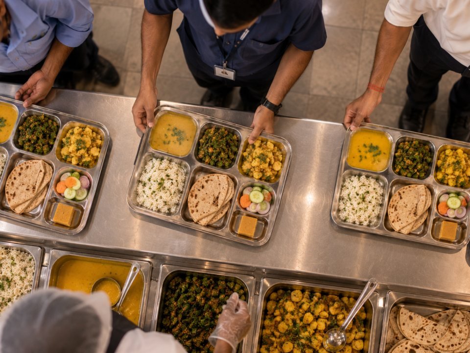 Compartmented steel meal trays portioned with jeera rice, dal, two sabzis, chapati and salad