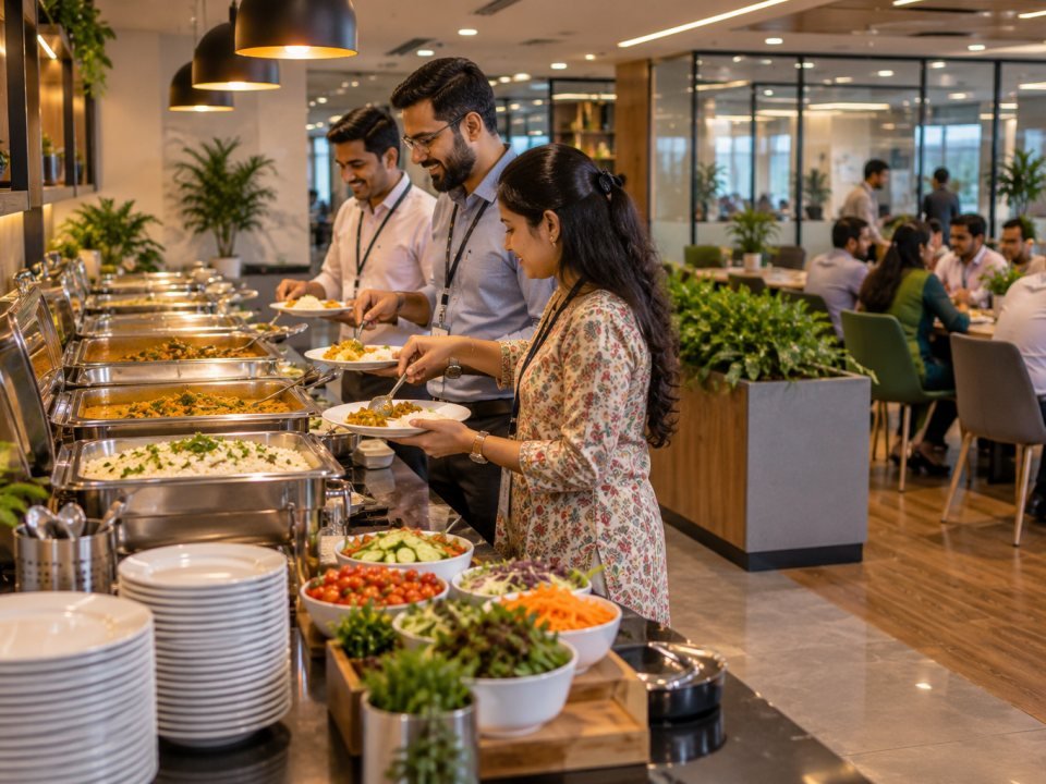 Corporate office lunch counter with employees serving themselves from a buffet of hot dishes and salad