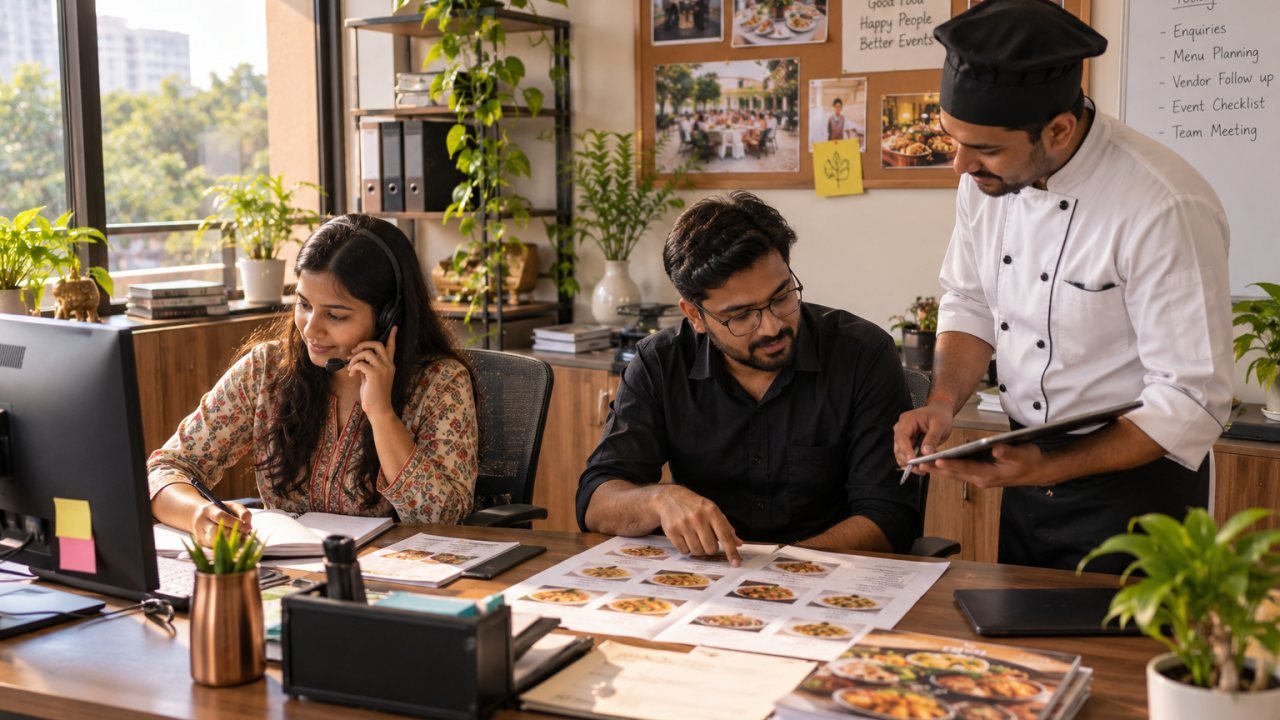 Evening Point catering team in their Ahmedabad office taking an enquiry by phone and planning a monthly menu