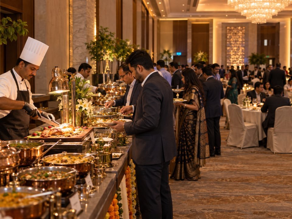 Corporate gala dinner buffet in a banquet hall, guests in formal attire serving themselves from polished chafing dishes