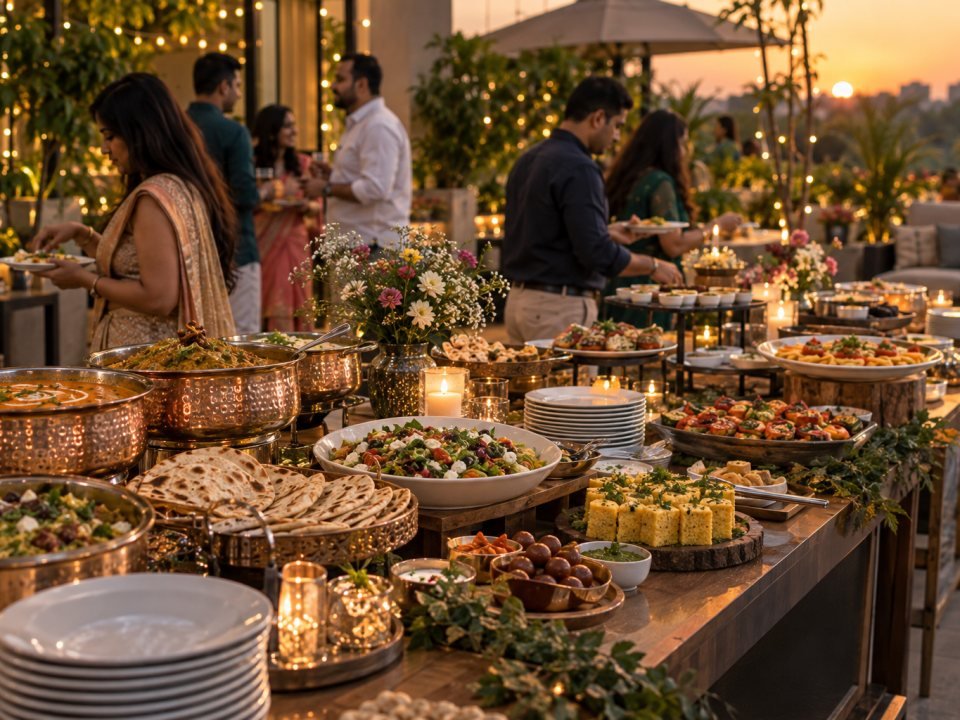 Private celebration catering spread on a garden terrace at golden hour, Indian and continental dishes in copper serveware