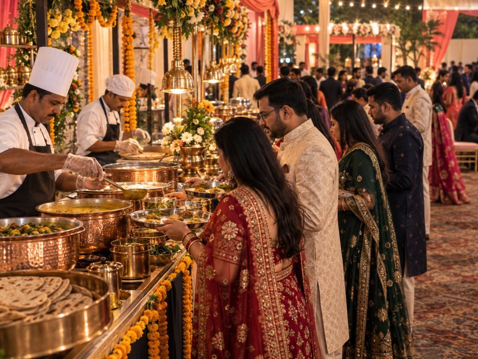 Live Gujarati thali counter at a wedding reception in Ahmedabad, a chef serving hot rotli and shaak beside marigold garlands